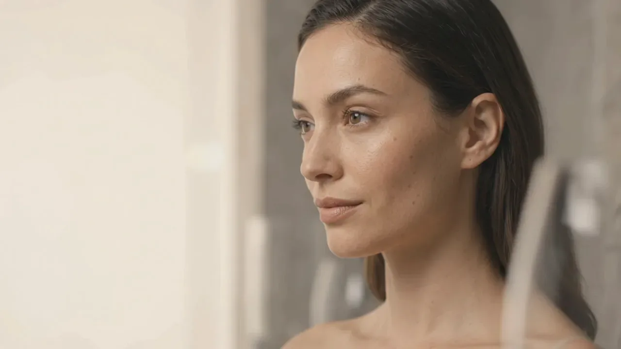 Mujer de perfil con la piel luminosa, en un baño de luz natural